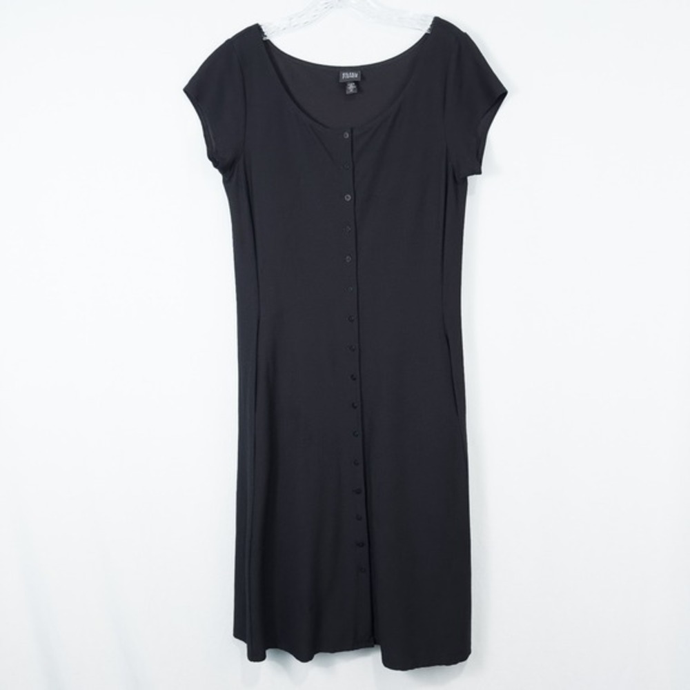 Eileen Fisher Button Short Sleeve Scoop Neck Midi Dress XS Black Stretch Pockets